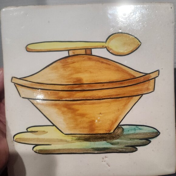 Vintage Kitchen Clay Tile Hand Painted with a Lidded Pot & Spoon Grazed 8.25" - Picture 8 of 8